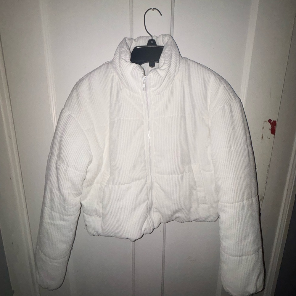 White Zip Up Corduroy Pufer Jacket